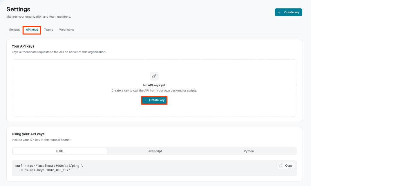 TIA API keys screen with red callout boxes around the API keys tab and create-key actions.