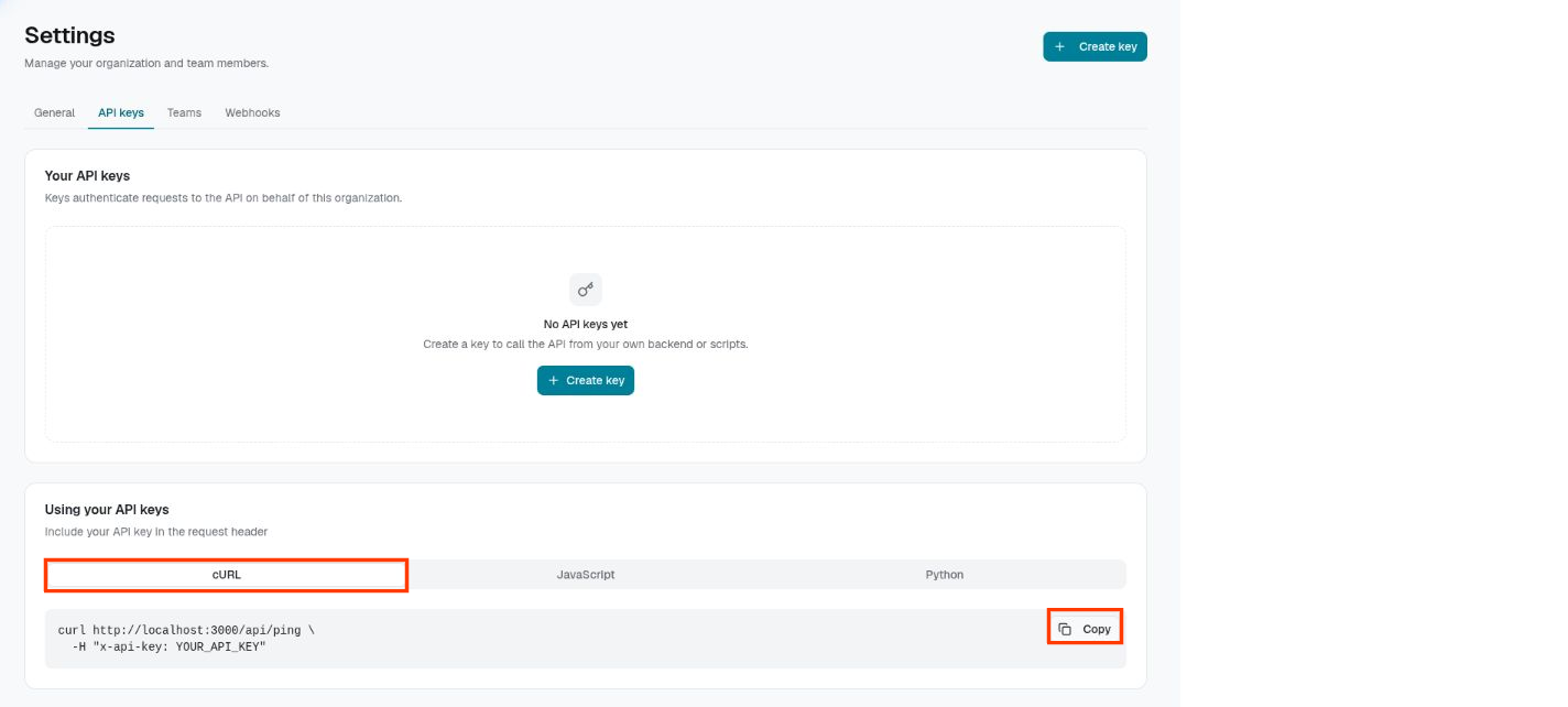 TIA API keys screen with a red callout box around the server-side request examples.