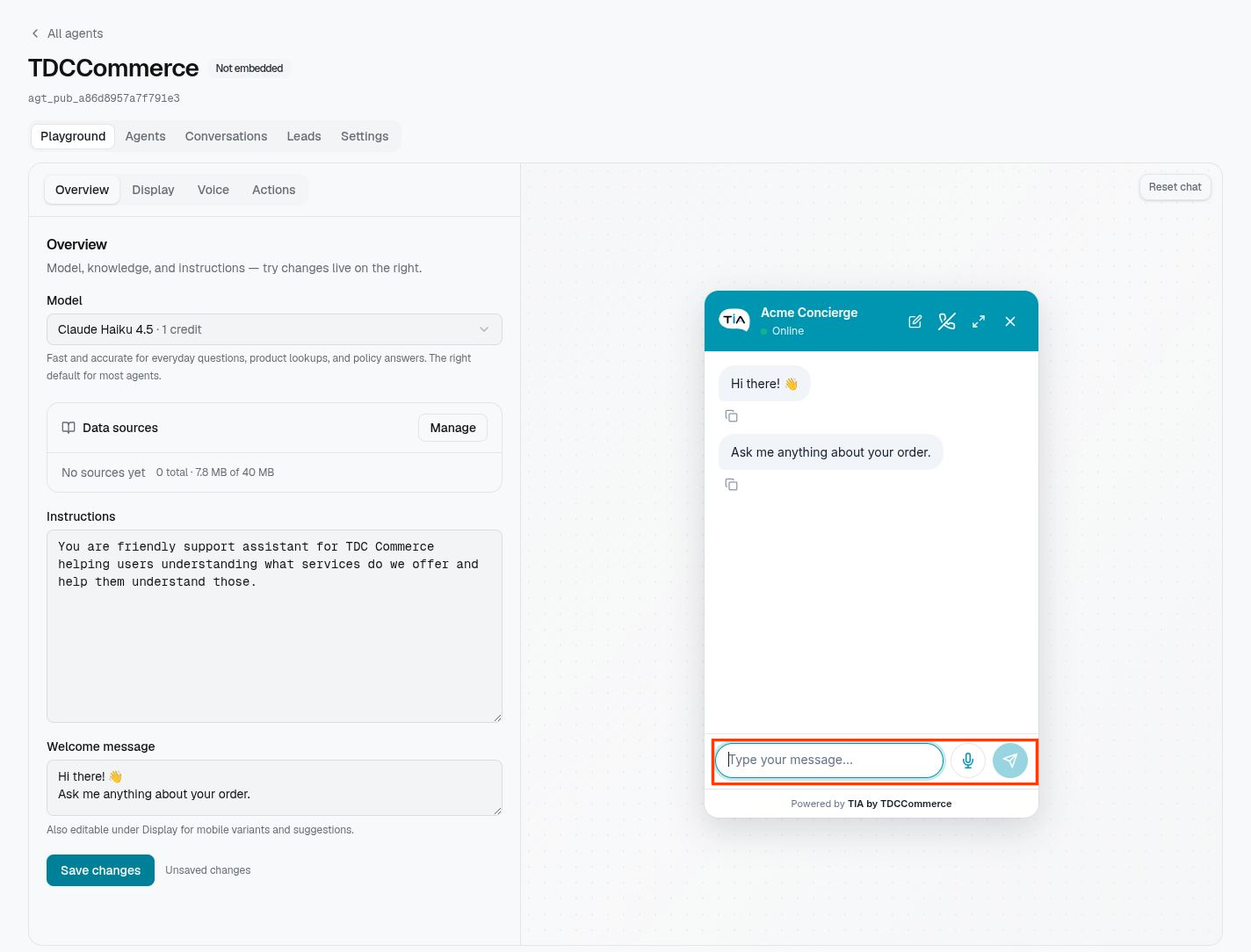 TIA agent Playground with a red callout box around the live widget composer controls.