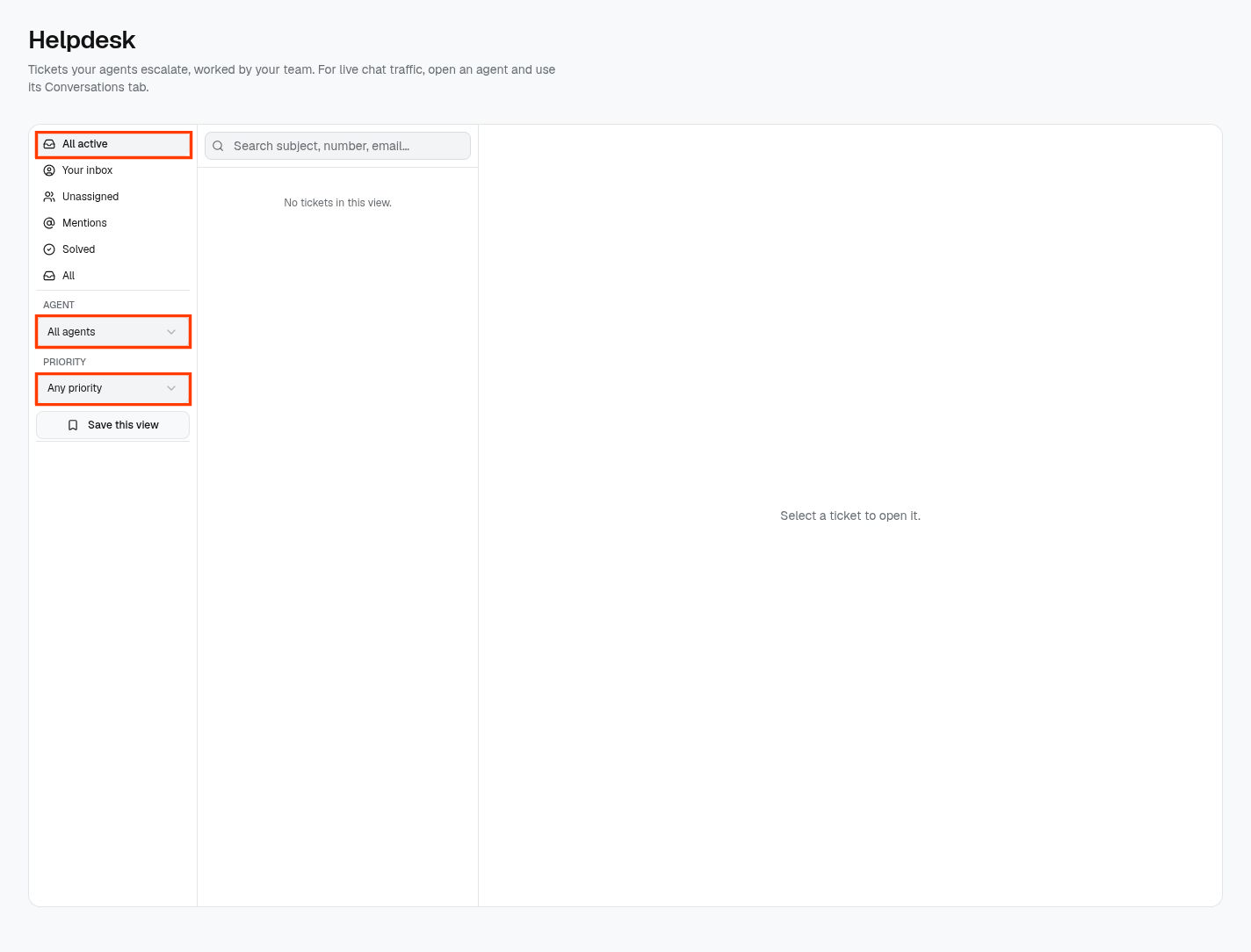 TIA Helpdesk with a red callout box around queue and filter controls.