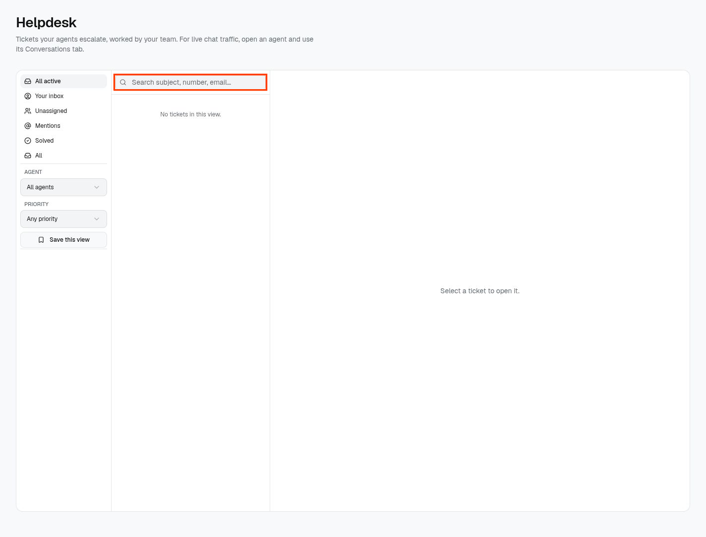 TIA Helpdesk with a red callout box around ticket search.