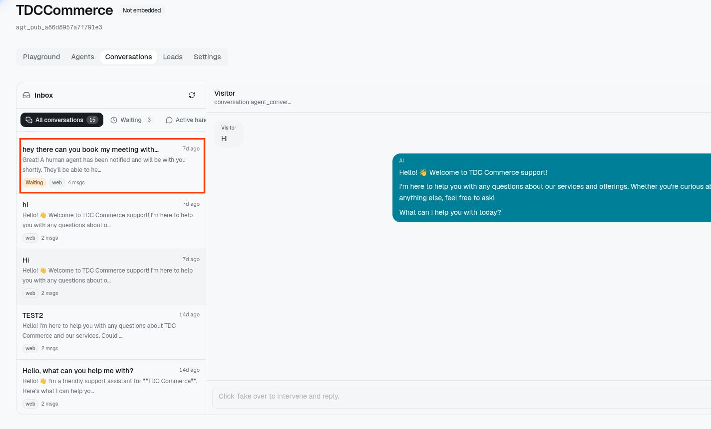 TIA Conversations screen with a red callout box around an inbox thread.