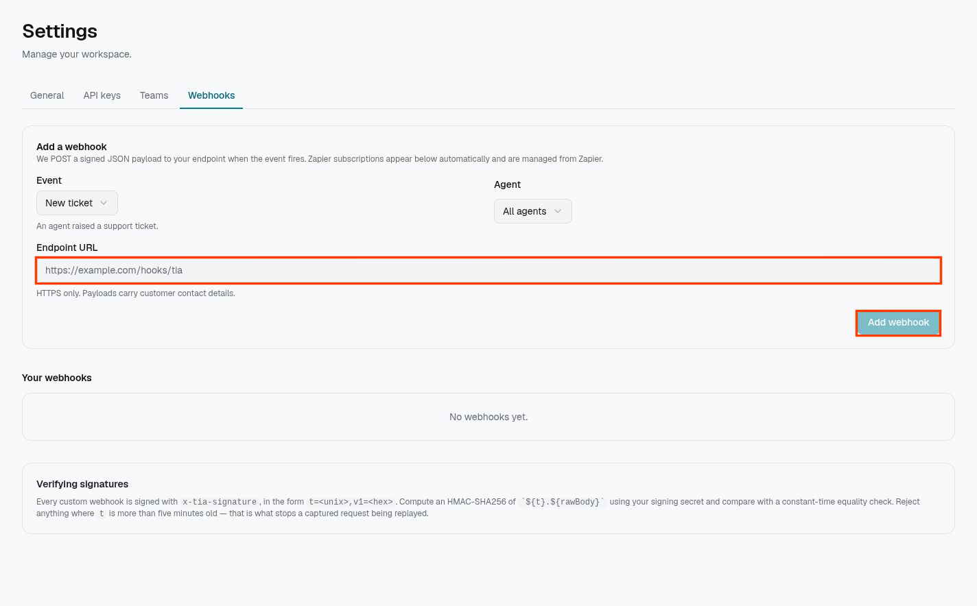 TIA Webhooks settings with red callout boxes around the endpoint field and Add webhook action.