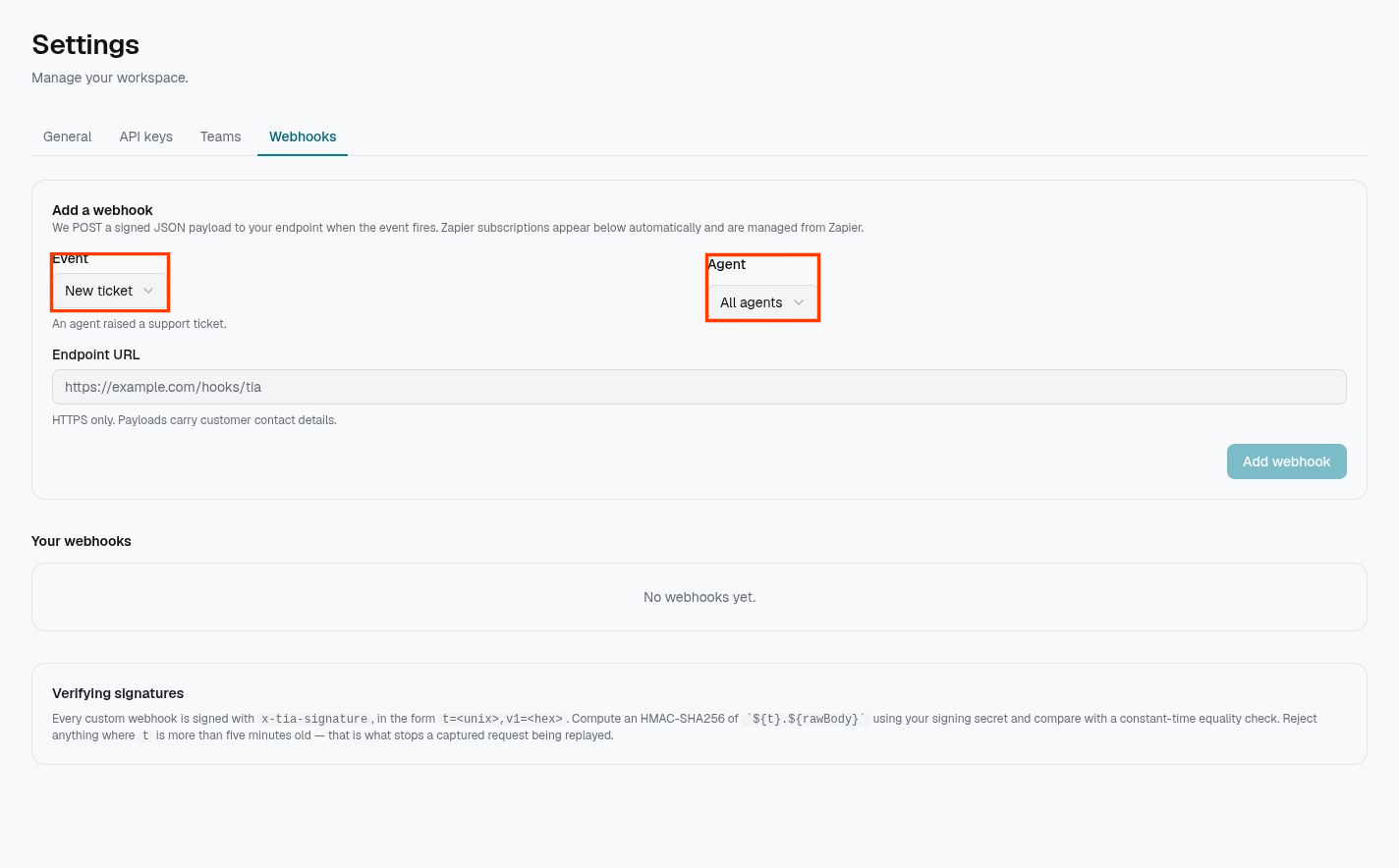 TIA Webhooks settings with red callout boxes around the event and agent selectors.