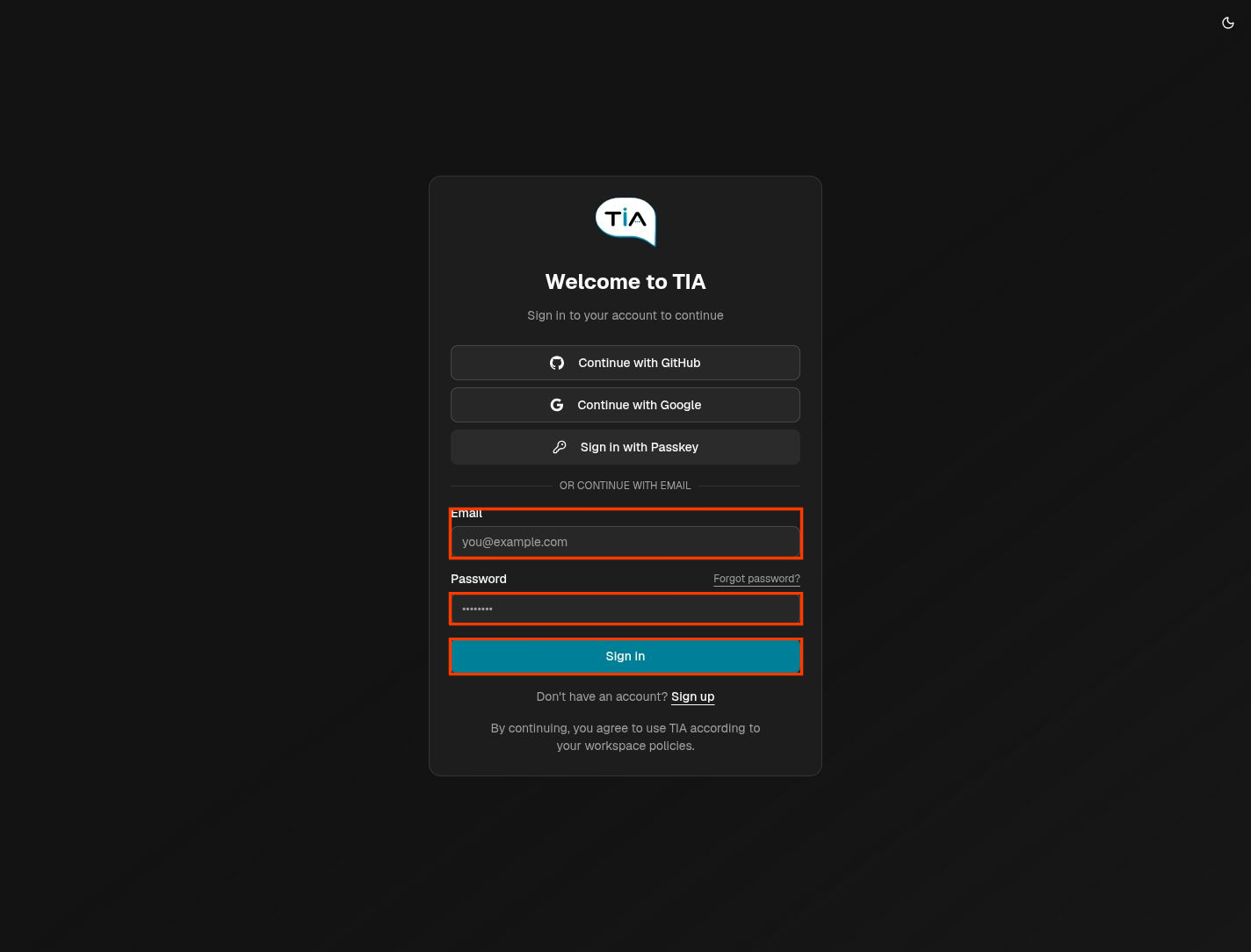 TIA sign-in screen with a red callout box around email and password sign-in.