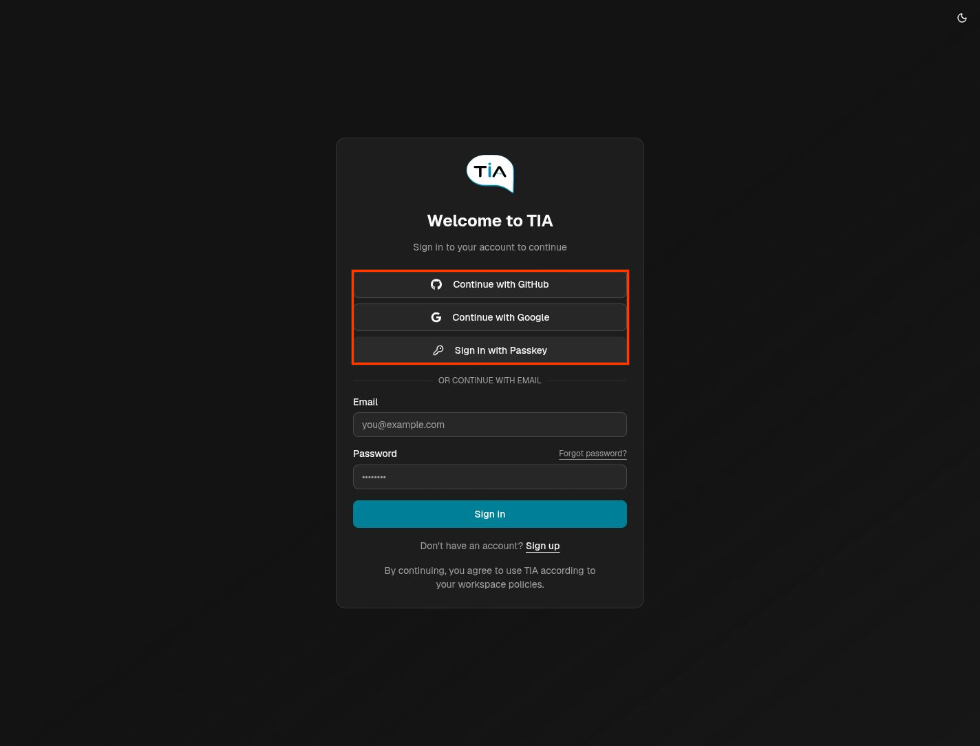 TIA sign-in screen with a red callout box around GitHub, Google, and passkey options.