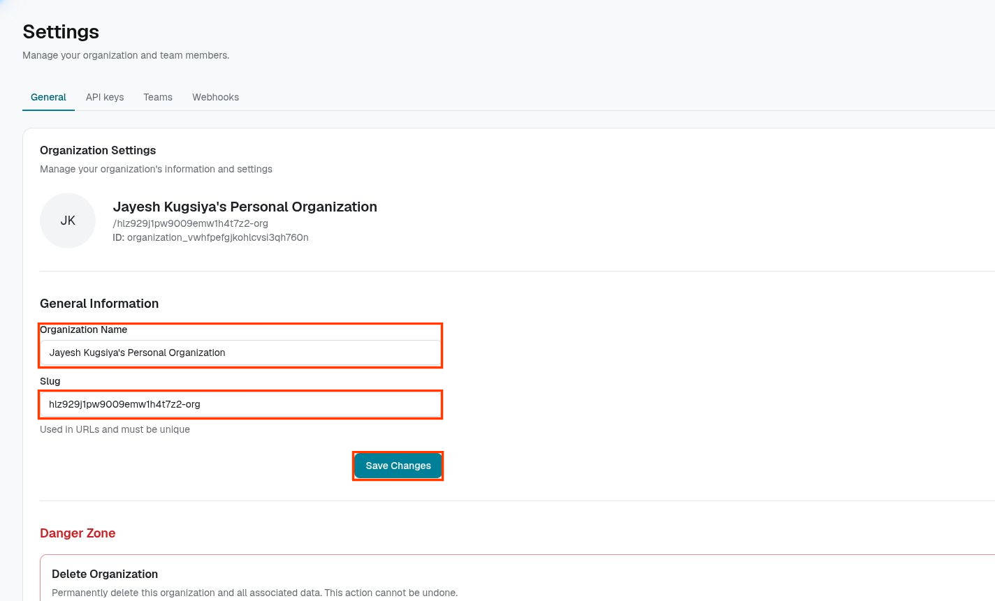 TIA workspace Settings with red callout boxes around organization fields and Save Changes.