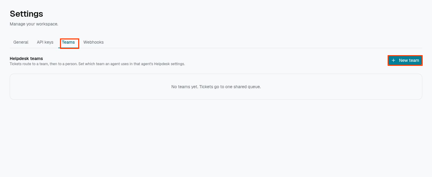 TIA Teams settings with red callout boxes around the Teams tab and New team action.