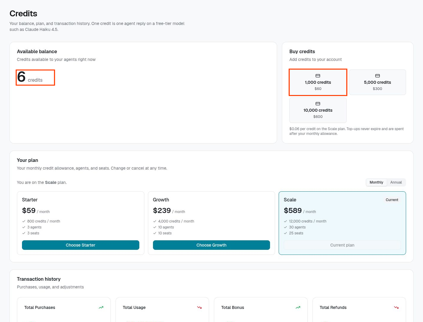 TIA Credits screen with red callout boxes around the available balance and credit purchase panels.