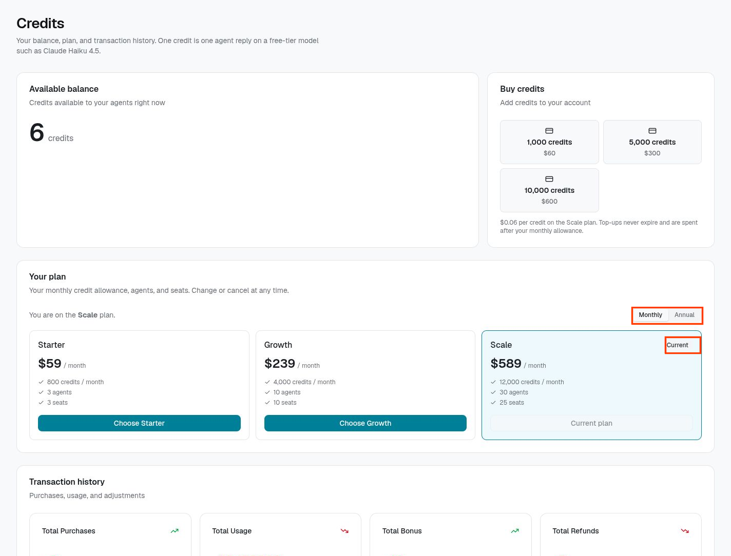 TIA Credits screen with red callout boxes around billing cadence and current-plan controls.